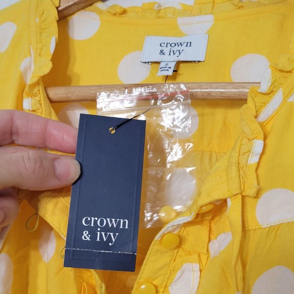 Crown & Ivy NEW Yellow White Polka Dot Dress A-Line Lightweight Midi Small NWT - Picture 6 of 13